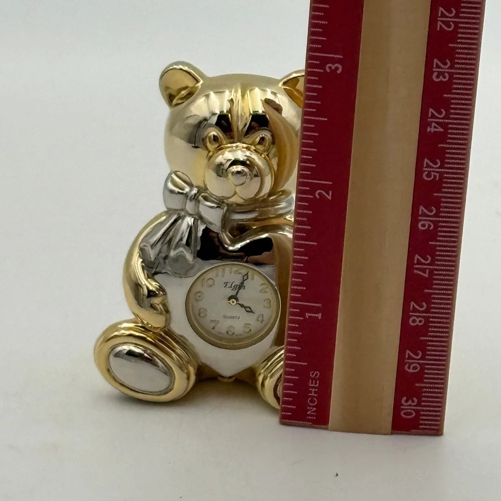 Elgin Teddy Bear Desk Clock Gold Silver Tone Heart Quartz Miniature Figurine